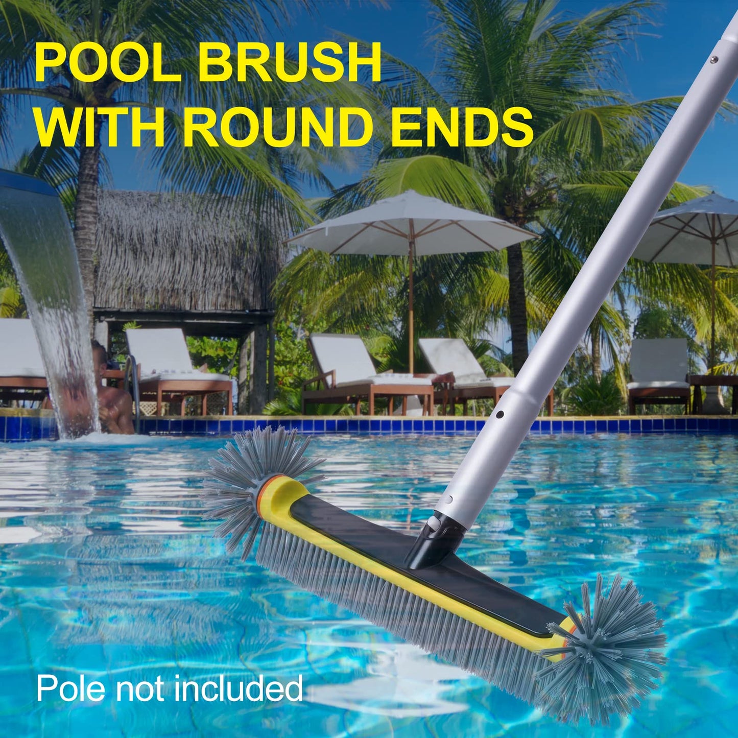 POOLAZA Pool Brush Head with Round Ends, Heavy Duty Pool Brushes for Cleaning Pool Walls, Floors Steps & Corners, 17.5" Pool Brush with Sturdy Aluminum Handle & Durable Nylon Bristles (Yellow)