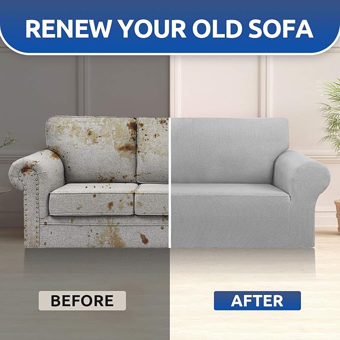 KEKUOU Stretch Sofa Cover Slipcover ,Couch Covers for 3 Cushion Couch Sofa pet Friendly (78"-94") Furniture Protector Sofa with Elastic Bottom for Kids,Dog, Jacquard Small Checked(Large,Silver)