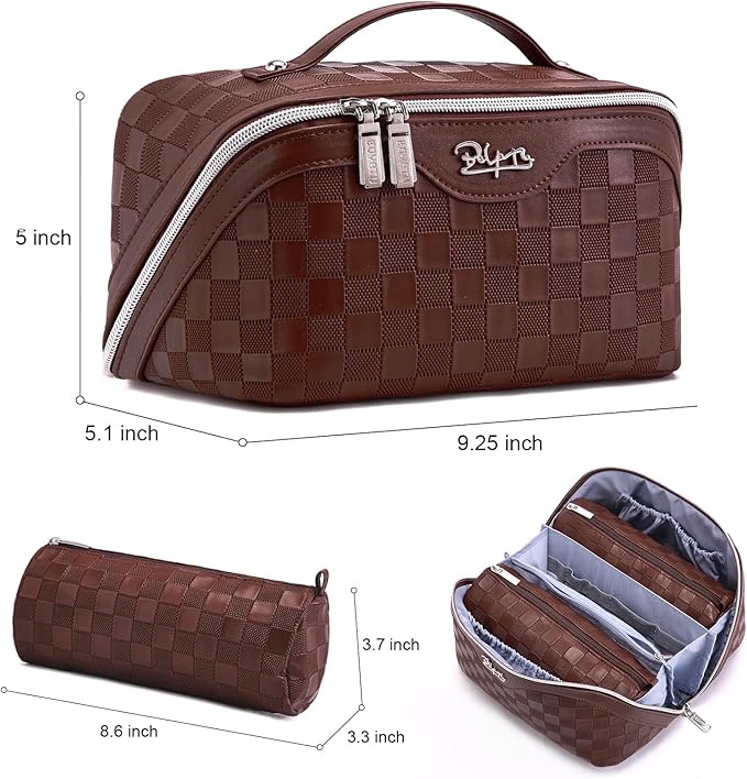 BOYATU Travel Makeup Bag Organizer Cosmetic Bag: 3 Pcs Set Make up Bags for Women with Handle - Waterproof Vegan Leather Toiletry Bags Travel Essentials Pouch with Compartments (03-A-Coffee)