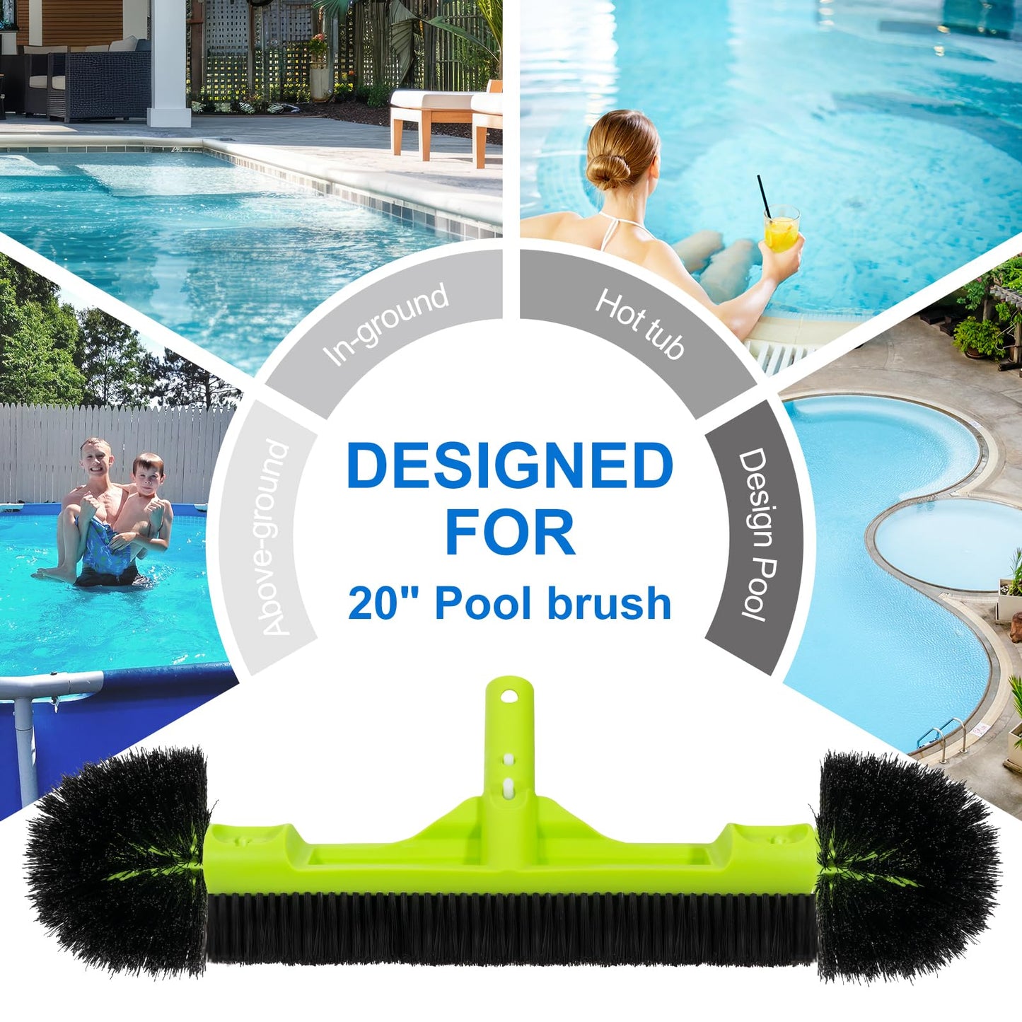 Sepetrel 20" Wide Pool Brush Head for Cleaning Walls,Inground/Above Ground Swimming Pool Scrub Brushes with Round Ends