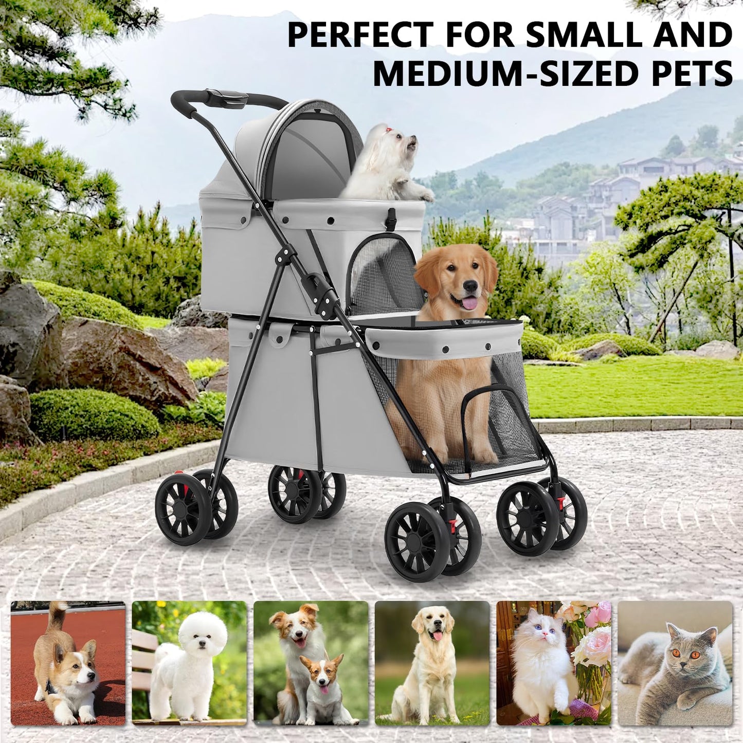 Double Pet Stroller for Medium Small Dogs and Cats with 2 Carriage, Durable Universal Wheels with Brakes Lightweight One Hand Foldale Kittens Puppies Travel Strolling Cart (Gray)