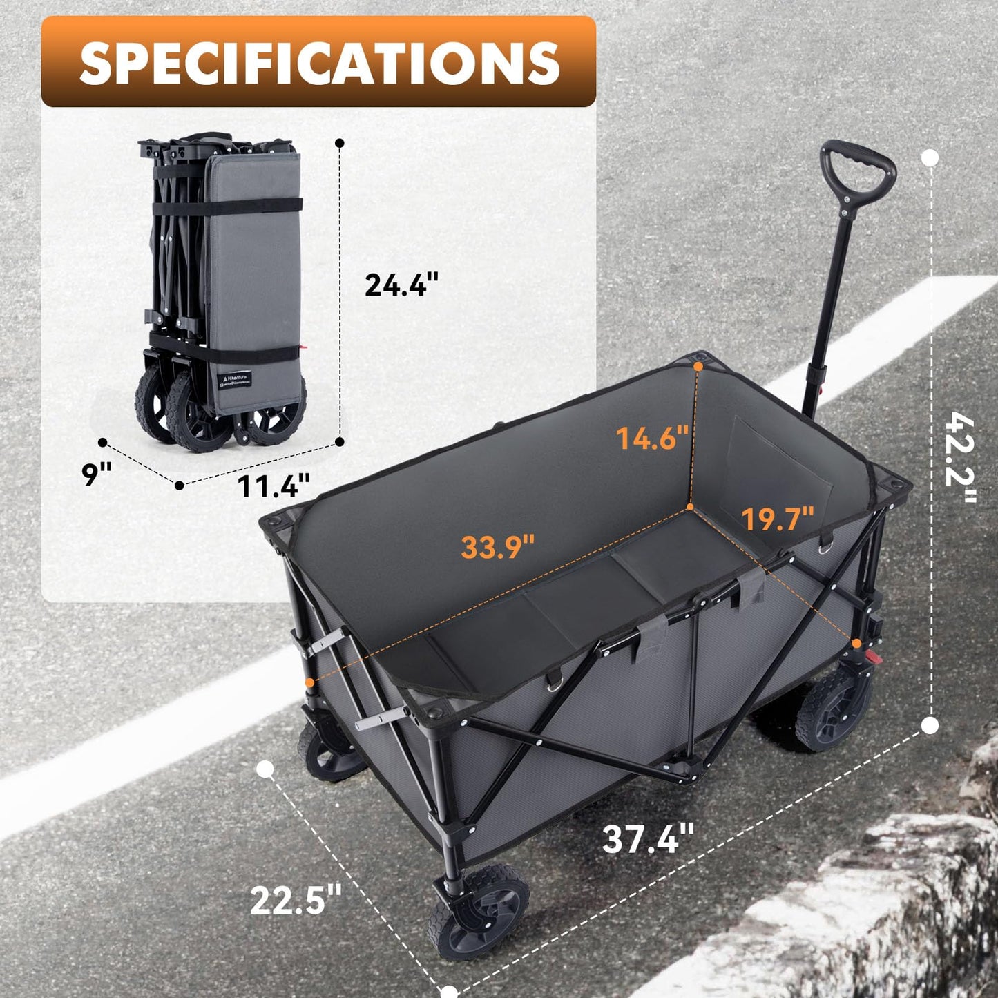 Hikenture Collapsible Wagon 330LBS Capacity, 200L Extra Large Wagons Carts Foldable, Heavy Duty Folding Wagon with All-Terrain Wheels, Utility Beach Wagons for Outdoor Garden