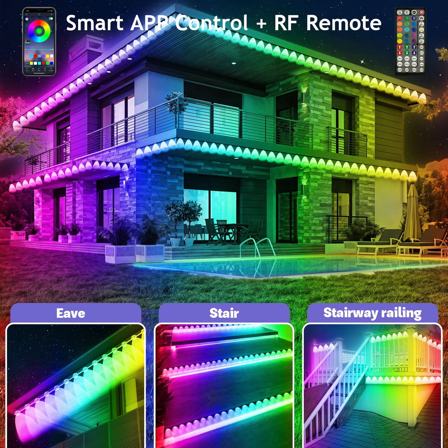 300FT Permanent Outdoor RGB Lights - IP67 Waterproof with Smart App Control Remote, DIY Scene Modes, Music Synchronization, Eaves Light for Garden Decor, Deck, Christmas, Party, Party, Halloween,Roof