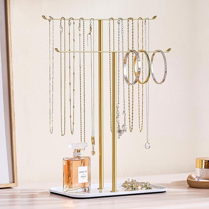 pickpiff Necklace Holder Jewelry Organizer Stand â 2âÂÂTier TâÂÂBar Jewelry Display Tree with Tray for Countertop Necklace Bracelet Earring Storage, Vanity Dresser Bathroom Sink, Gold