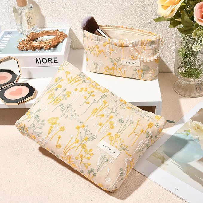 SOIDRAM 2 Pcs Makeup Bag Large Cosmetic Bag Toiletry Bag Makeup Pouch Travel Bag Organizer Cute Makeup Brushes Aesthetic Accessories Storage Bag for Women Wildflower Embroidery