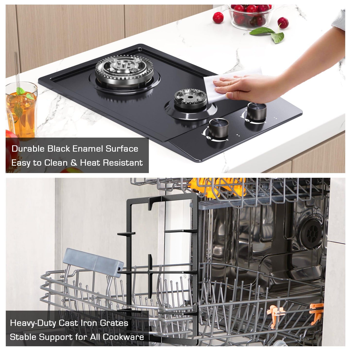 2 Burner Gas Cooktop, 12 Inch Built-in Propane Stove Top, NG/LPG Dual Fuel with Thermocouple Protection, Black Enamel Cooktop for Apartment & RV