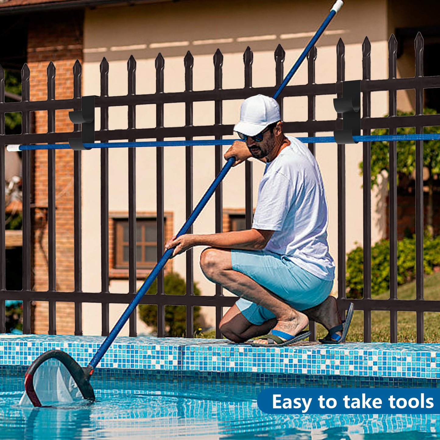codree 4 Pcs Pool Fence Hooks for Pool Equipment, Black Heavy Duty Fence Hooks for Pool Poles, Slipe-on Fences Hanger for Pools Hose Pools Skimmer, Fit 3/4 Inch to 1-1/4 inch Railing