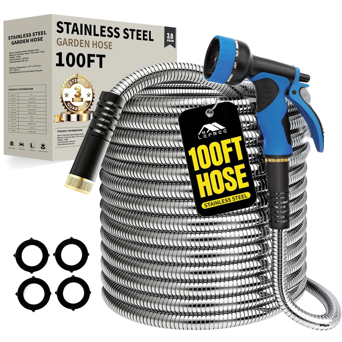 Lefree 100ft Metal Garden Hose - Heavy Duty 304 Stainless Steel Flexible Water Hose, No Kinks & Leak-Proof with Upgraded Handle, 10-Function Spray Nozzle & 4 Spare Gaskets for Yard, RV, Pet Bath
