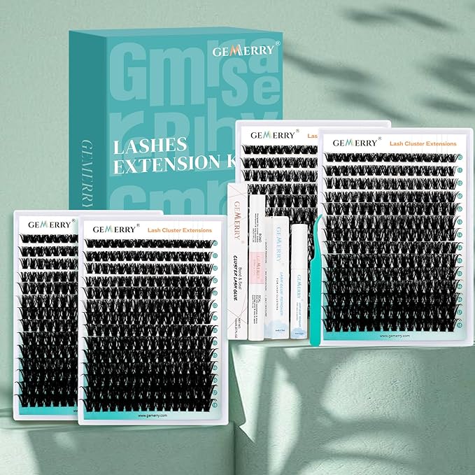 GEMERRY Lashes Clusters Kit Thick Lash Clusters 2 Styles 728Pcs Fluffy Lash Clusters Kit with Waterproof Bond and Seal Remover Tweezers for Beginners(2X 100P+200P)