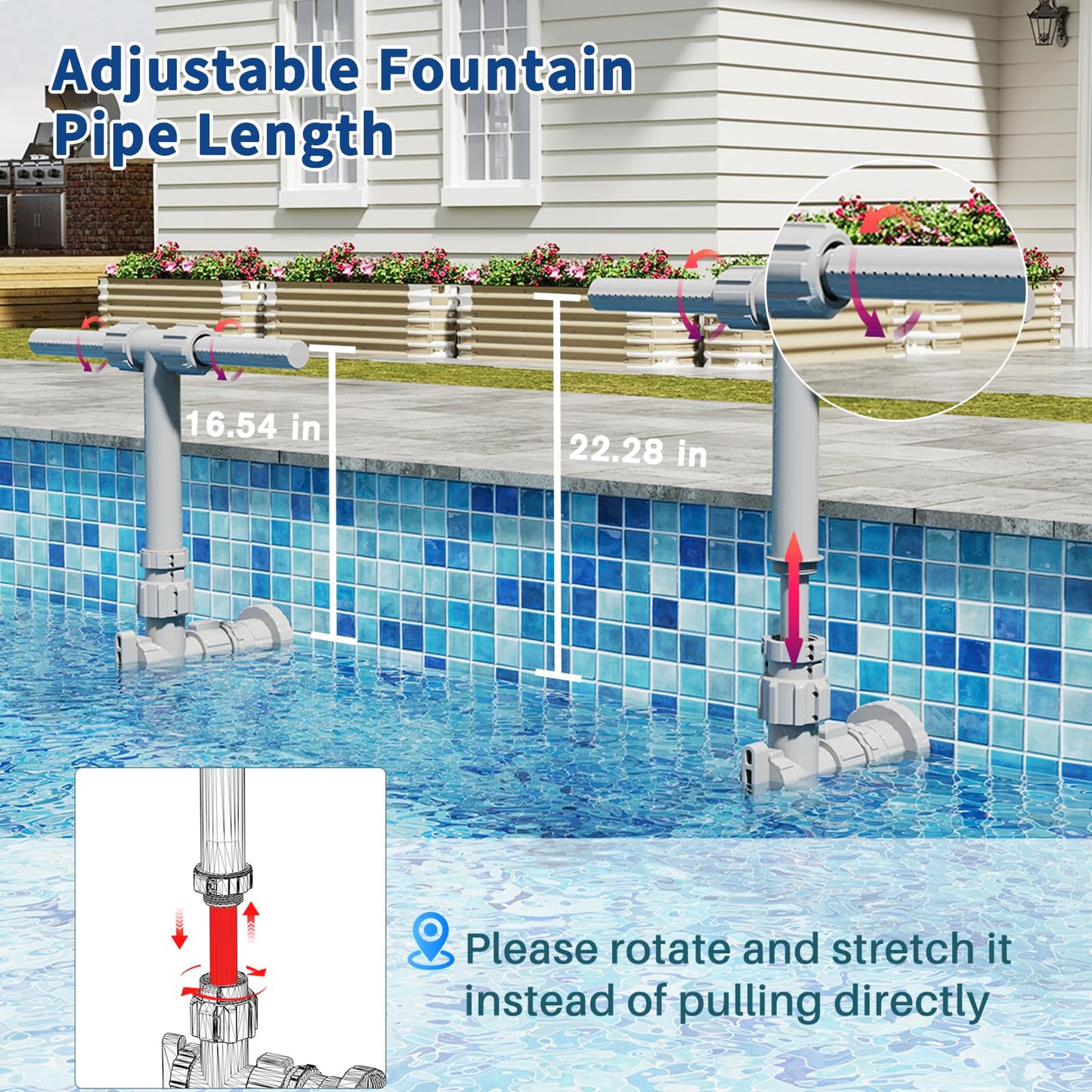 2026 Dual Spray Pool Fountain, 2-in-1 Retractable Height 360° Adjustable Waterfall Sprinkler Fountain, High-Pressure Pool Spray Fountain for Swimming Pool Spa Cooling, Grey