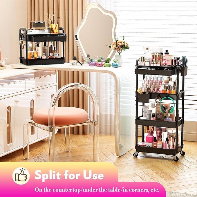 Makeup Cart Organizer with Drawers, 4 Tier Floor Skincare Organizers for Vanity, Rolling Makeup Bathroom Storage Cart Cosmetics Display Cases for Skin Care Perfume Nail Polish, Black