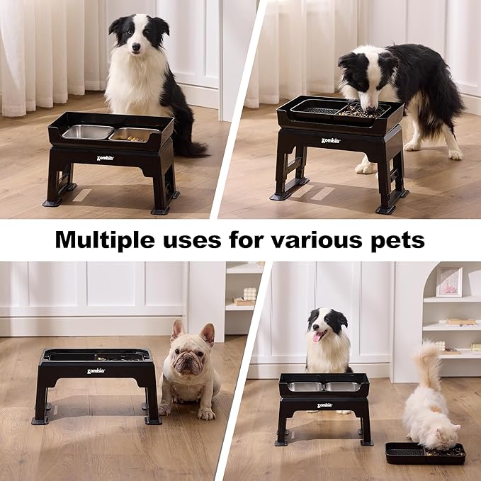 3-in-1 Elevated Dog Bowls Dual Layer - Mess Proof 6 Heights Adjustable Raised Dog Bowl Stand 6" to 16", Feeding Satioin with 1.6L Stainless Steel Bowls, Slow Feeder Plate, Medium to Large Pets
