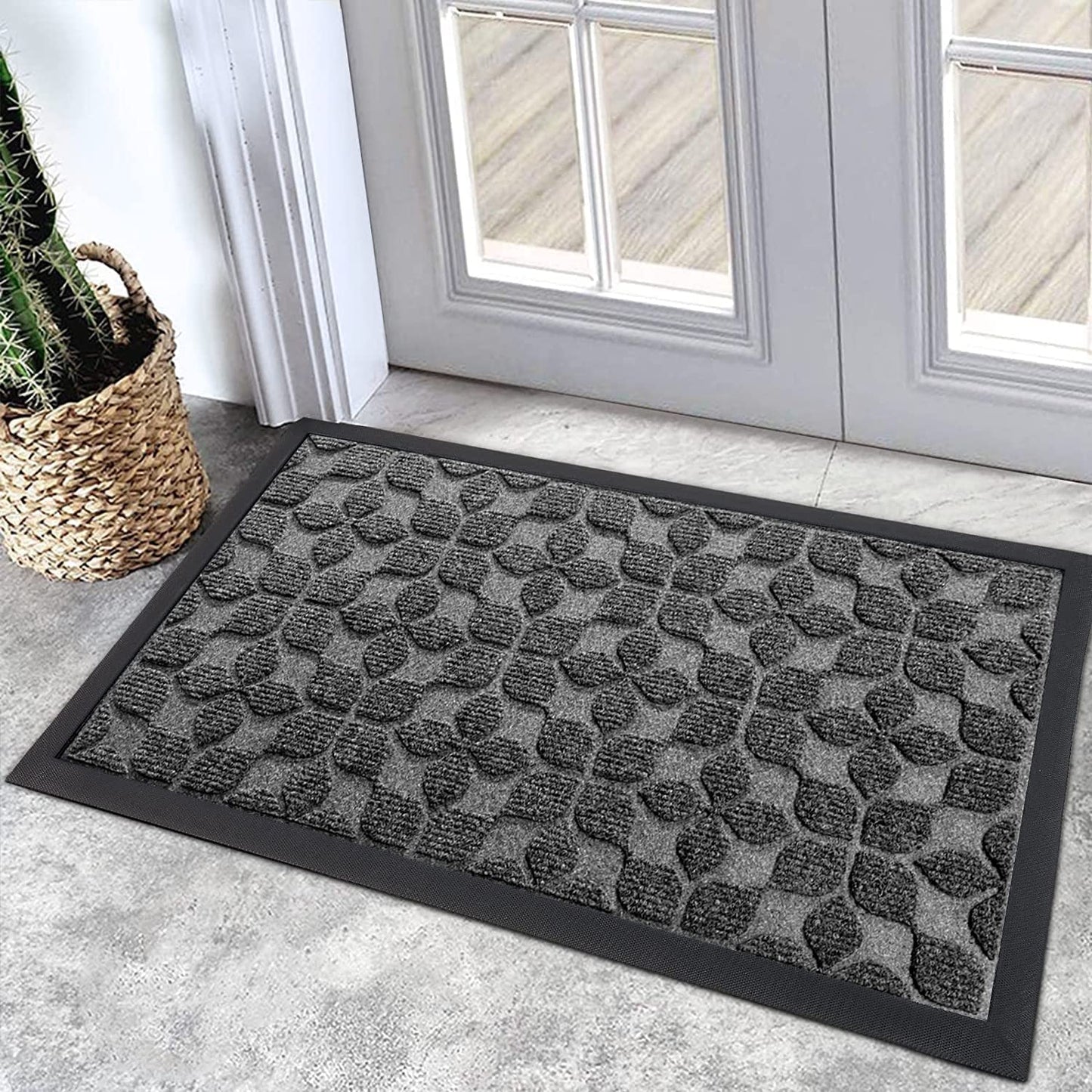 Bulijojo Sturdy Front Entrance Doormats,Durable Heavy Duty Welcome Mat,Thick Absorbent Natural Rubber Non Slip Mat,Easy Clean Entryway Mat Geometric Grey 23"x35"