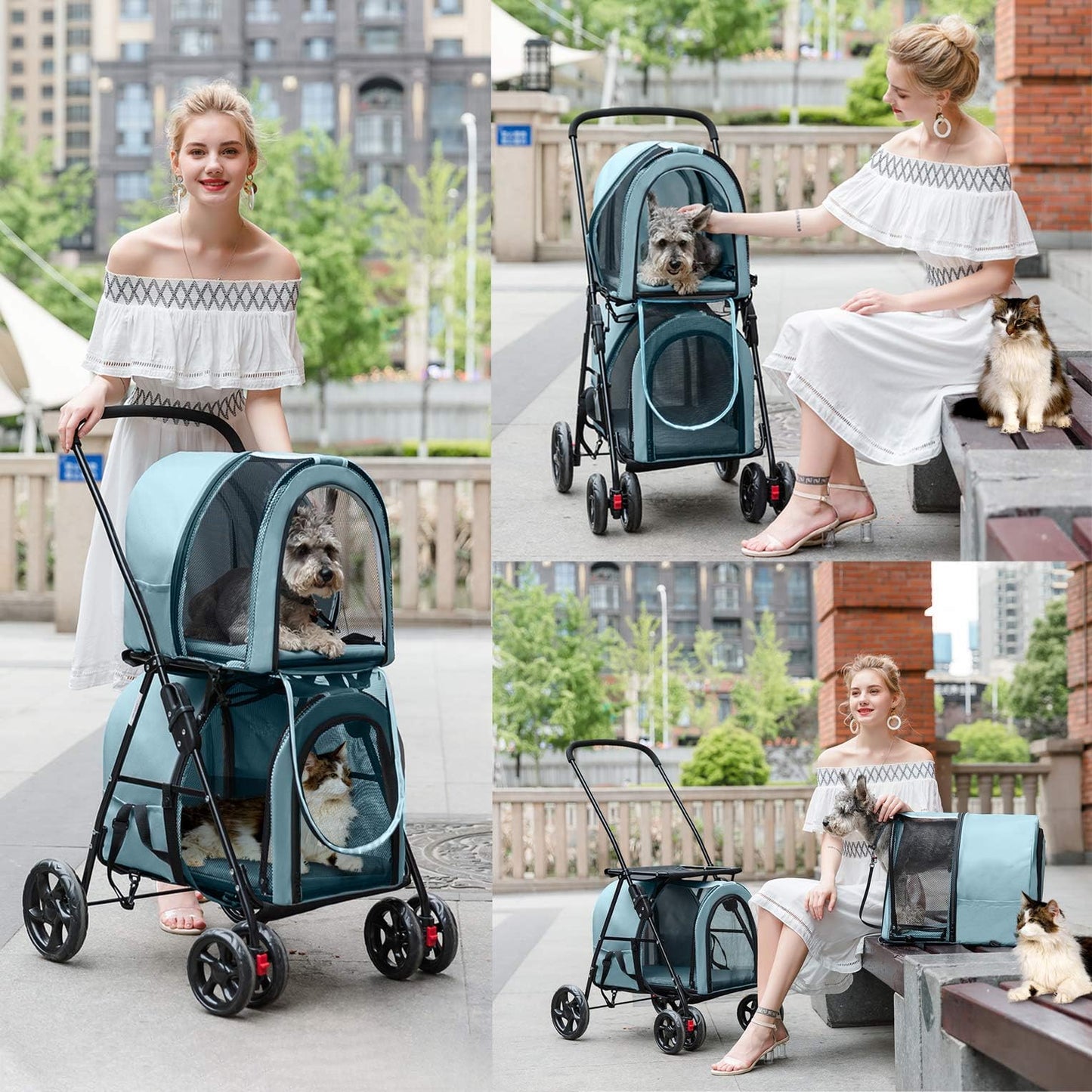 LPOTIUS Double Pet Stroller for Dogs and Cats with 2 Detachable Carrier, Quick-Folding Dog Stroller for Medium Small Dogs Cats, 4 Wheels, Light Blue