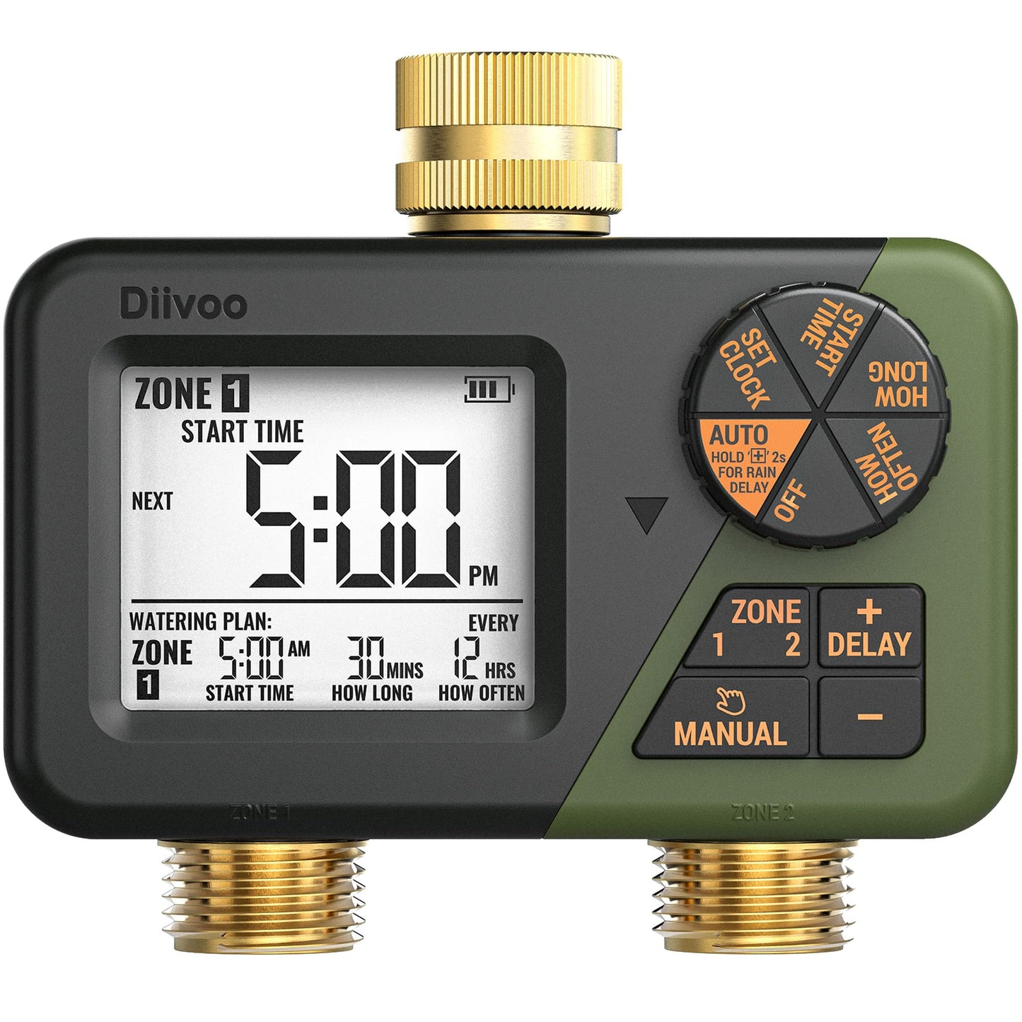 Diivoo Brass Sprinkler Timer 2 Zone, IP66 Waterproof Programmable Water Hose Timer 2 Outlet with Large Display, Rain Delay & Manual Watering for Outdoor Automatic Irrigation of Garden, Lawn, Yard