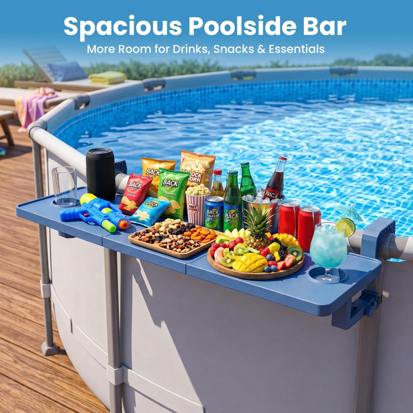 Pooljoyo Poolside Bar For Above Ground Pool, Outdoor Pool Bar Table for Above-Ground Round Pool,40.5in Length Adjustable Poolside Table Pool Shelf with Pool Drink Holder, Above Ground Pool Accessories