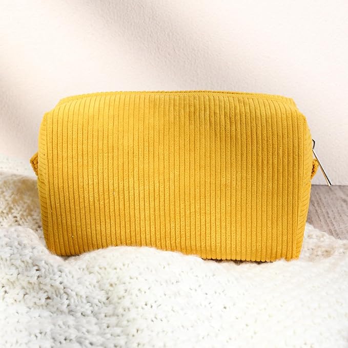 SOIDRAM 2 Pcs Corduroy Makeup Bag Large Cosmetic Bag Toiletry Bag Makeup Pouch Travel Bag Organizer Cute Makeup Brushes Aesthetic Accessories Storage Bag for Women Mustard Yellow