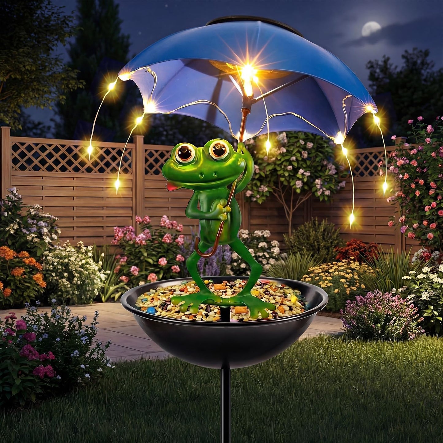 Solar Bird Feeder Frog Garden Decor, Outdoor Solar Lights with Umbrella, Hummingbird Feeder Decorative Path Lights Yard Art Ornament Bird Feeder (Frog)