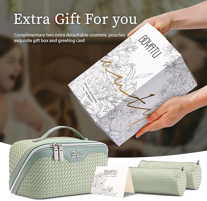 BOYATU Travel Makeup Bags for Women: Large Capacity Make up Bag with Wide Opening - 3 Pcs Set Waterproof Travel Toiletry Organizer for Full-Sized Bottles, Cosmetics & Brushes (Light Green-W)