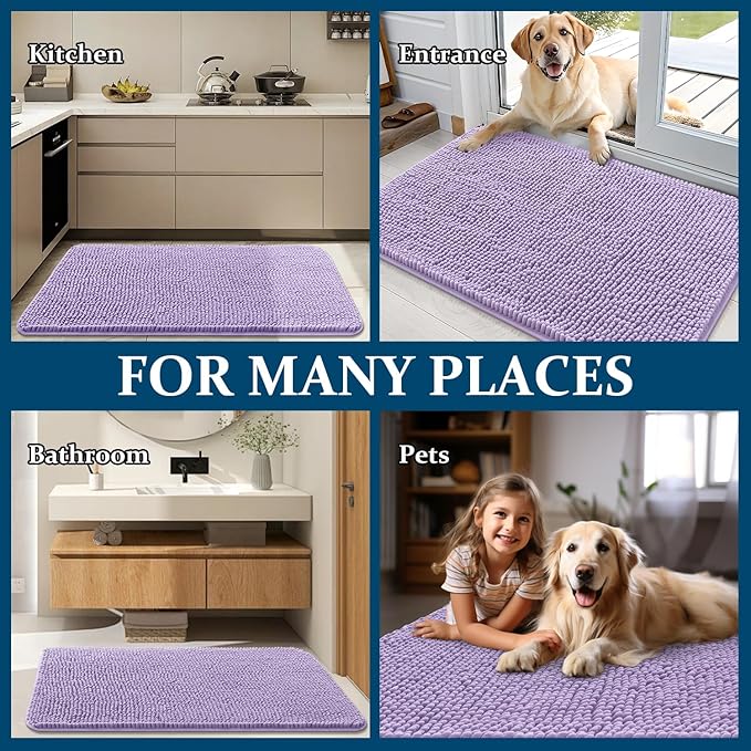 OLANLY Dog Door Mat for Muddy Paws 47x17, Absorbs Moisture and Dirt, Absorbent Non-Slip Washable Doormat, Quick Dry Chenille Mud Mat for Dogs, Entry Indoor Entryway Carpet for Inside Floor, Lavender