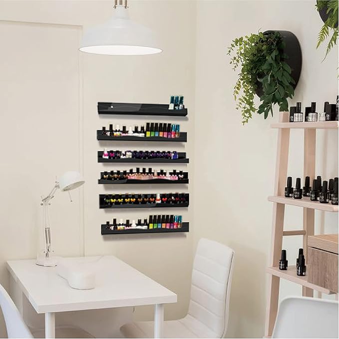 YMVV 15" Nail Polish Rack Wall Mounted Shelf,6 Pack Black Acrylic Organizer Supplies for Nail Techs,Great Display for Salons Retailers