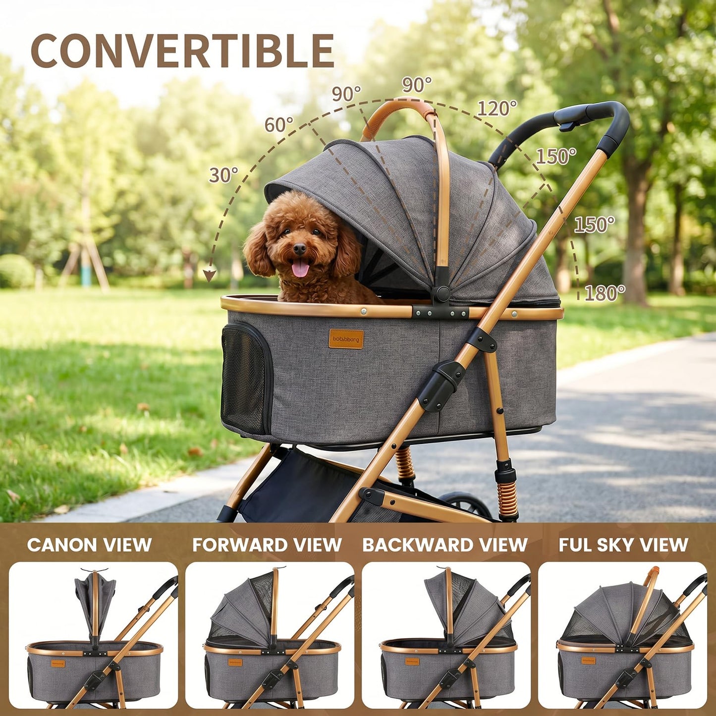 Ioboneed 3-in-1 Dog Stroller with Rain Cover, Quick Foldable, Detachable Carrier & Car Seat, for Medium Dogs Cats Up to 50 lbs, Anti-Shock Solid Rubber Wheels, Grey