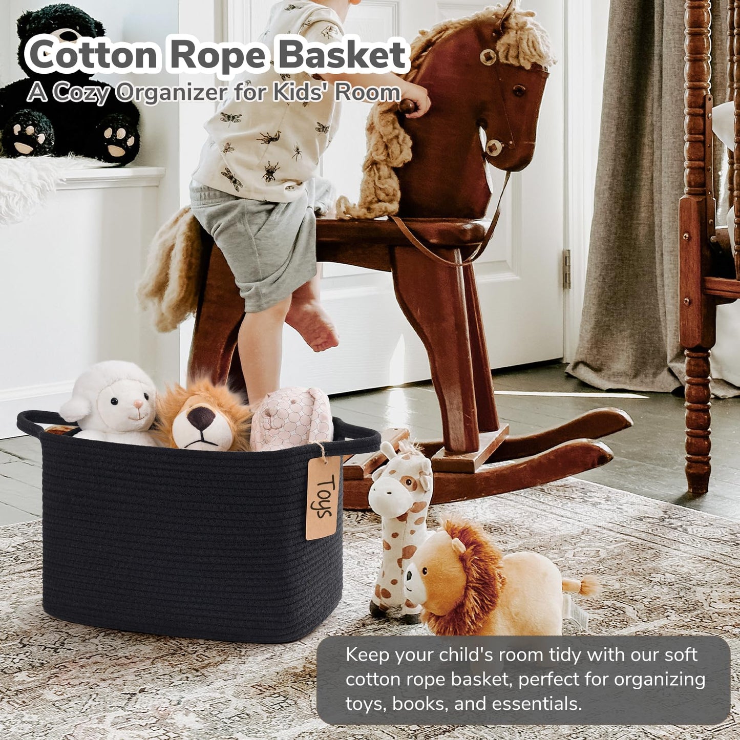 Goodpick Black Storage Basket for Shelves, Woven Baskets for Storage, Toy Baskets Storage Kids, Towel Basket with Handles for Living Room, Bathroom, 13 x 10 x 9 Inches