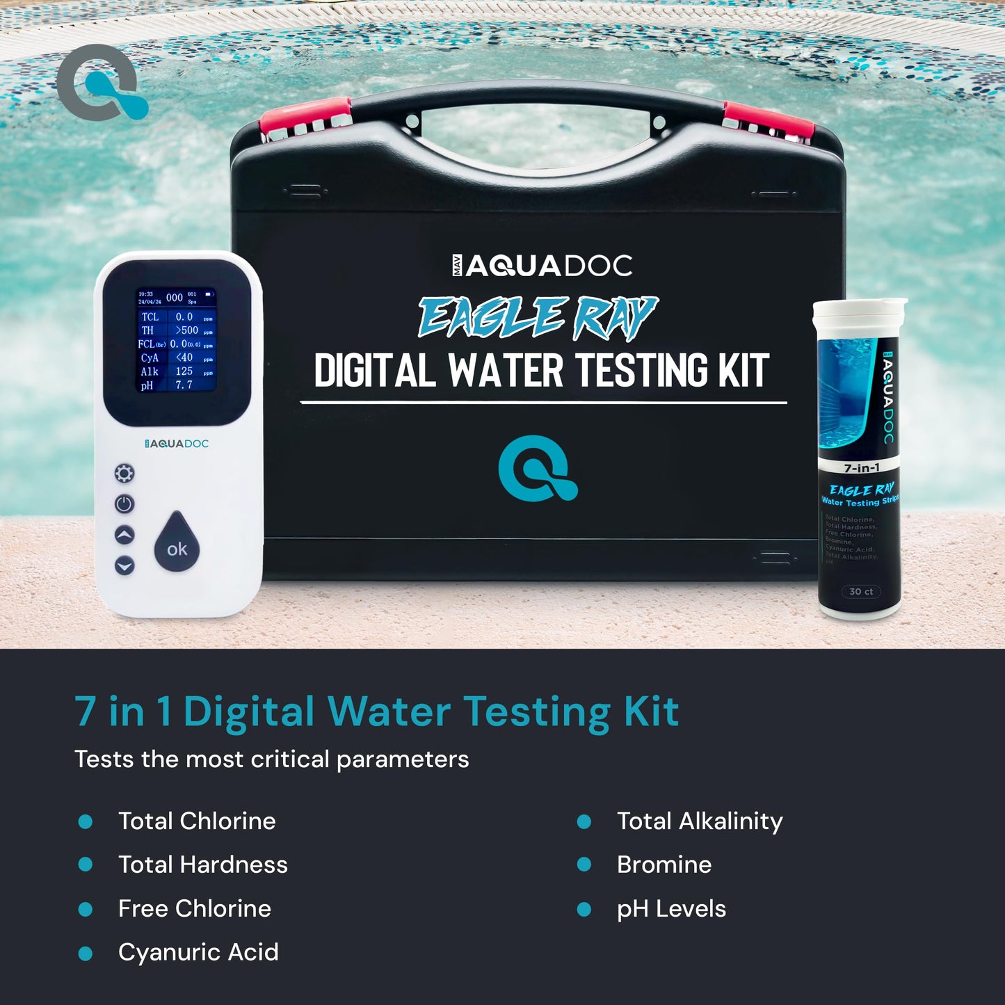 Eagle Ray Digital Spa Water Test Kit by AquaDoc with Digital Water Tester and 30 hot tub Test Strips for Chlorine, Bromine, Total Hardness, Cyanuric Acid, Alkalinity, and pH