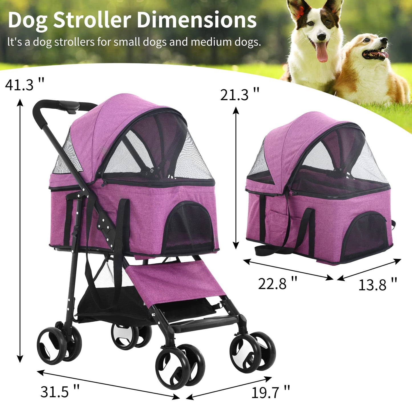 BLKMTY Dog Stroller 3-in-1 Folding Pet Strollers 4 Wheels Cat Stroller w/Storage Basket Dog Carrier Trolley One-Button Switch Travel Strollers with Safety Belt Detachable Carrier, Purple