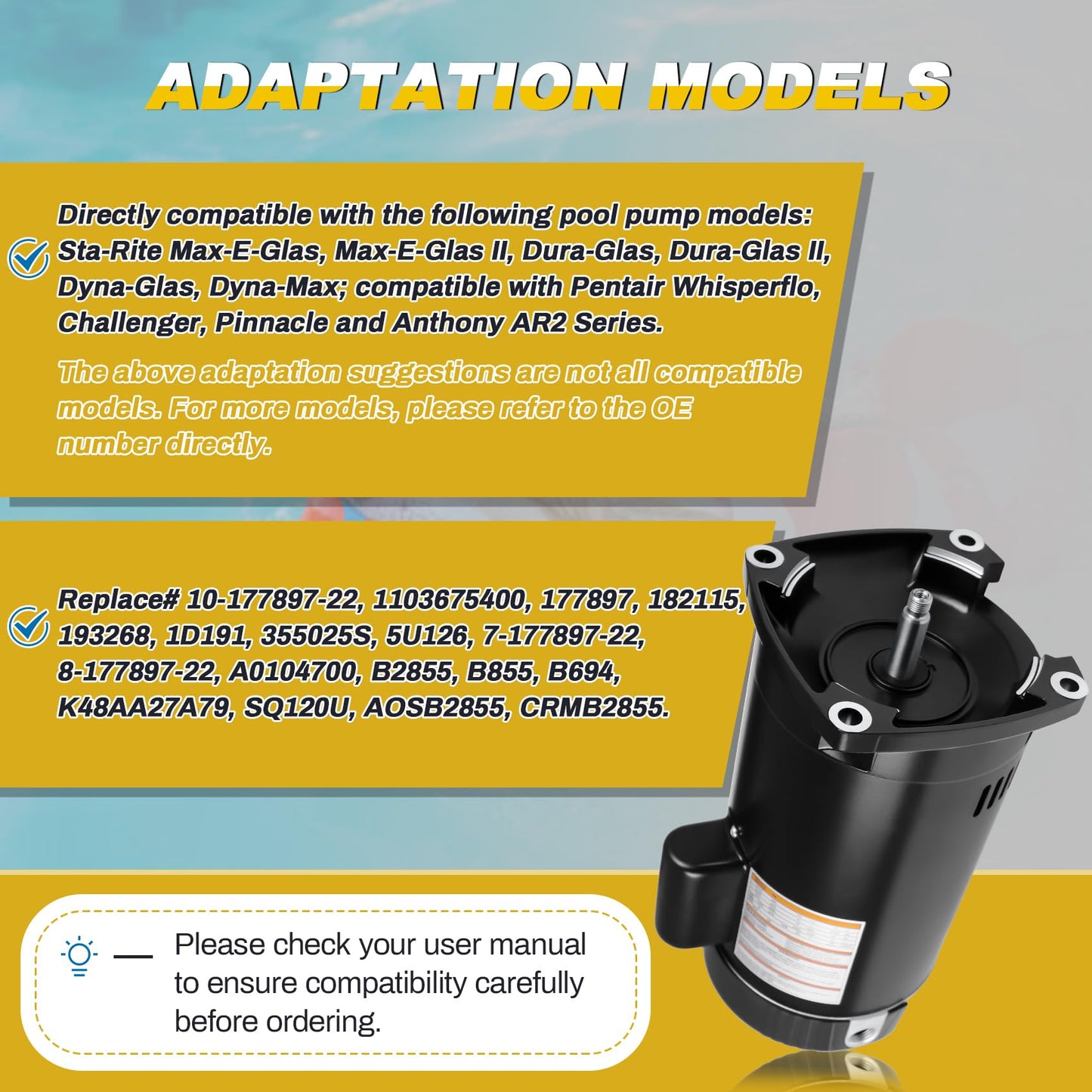 2 HP Pool Pump Motor Compatible with A.O. Smith Century B2855 B855, for Pentair Sta-Rite Whisperflo Challenger Pinnacle Anthony AR2 Series Pumps, 2HP Single Speed Square Pool Motor, 230 V, 1.5 KW