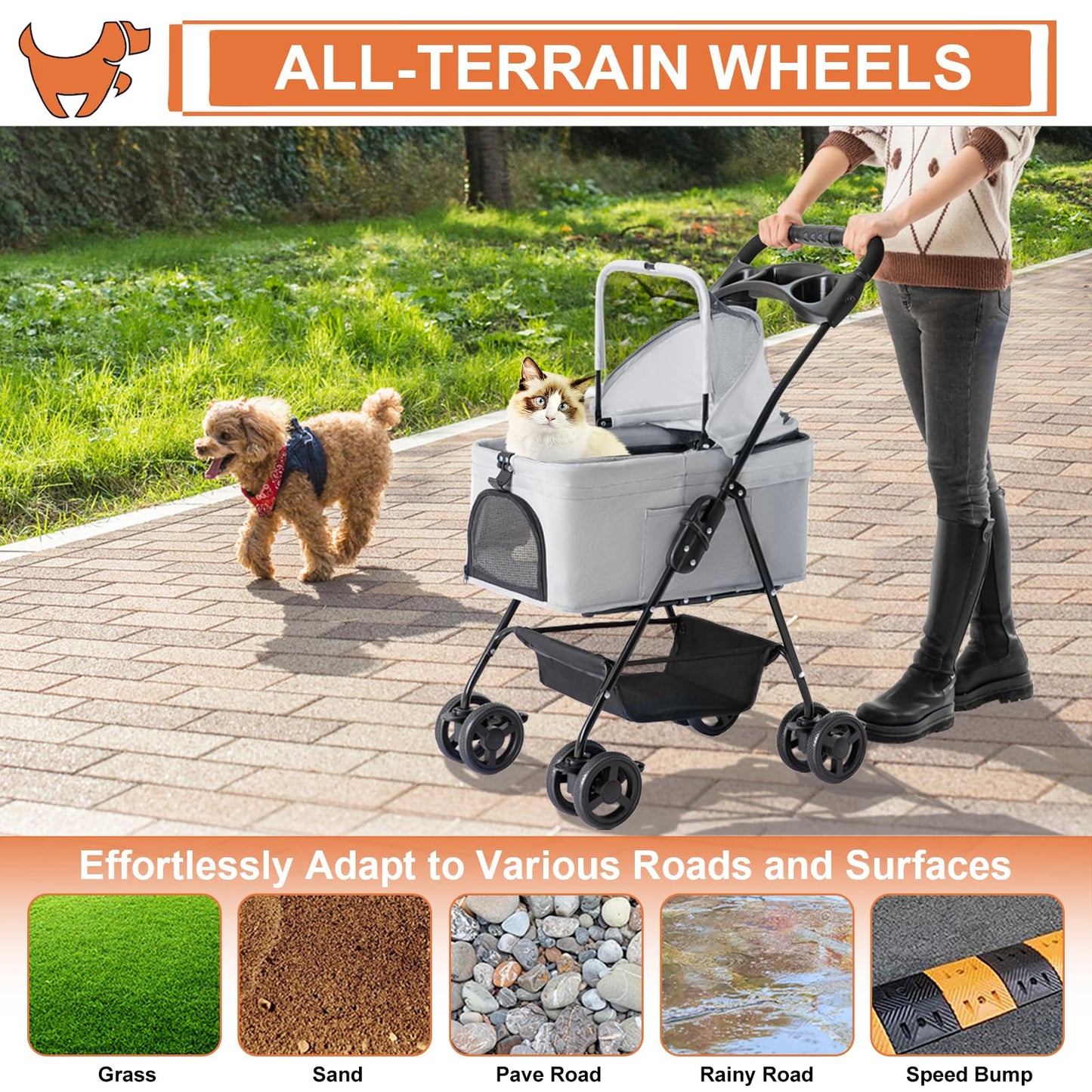LPOTIUS 3-in-1 Pet Stroller for Small Dogs and Cats, Folding Lightweight Dog Stroller with Detachable Carrier Portable Cat Puppy Jogging Stroller with Cup Holder and Storage Basket, 4 Wheels