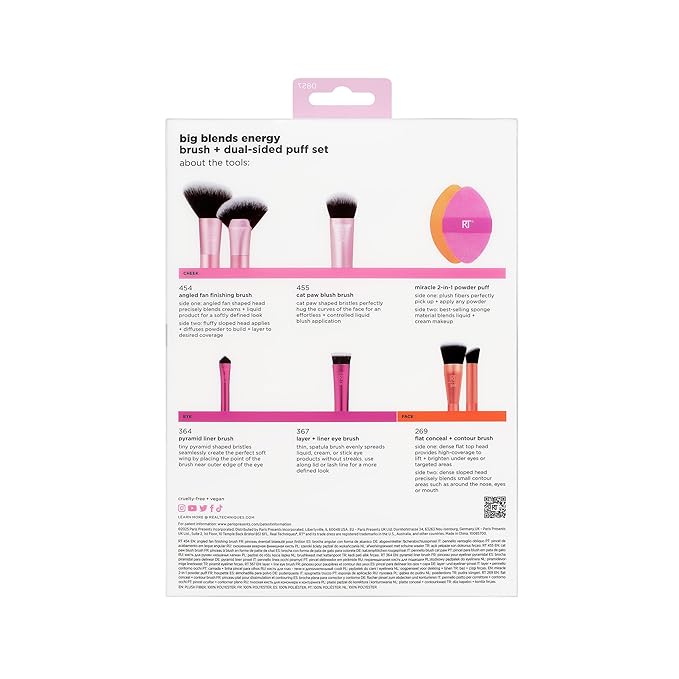 Real Techniques Big Blends Energy Brush + Dual-Sided Puff Kit, 6 Piece Face Makeup Brush & Puff Set for Foundation, Concealer, Powder & Blush, Travel Friendly, Cruelty-Free & Vegan