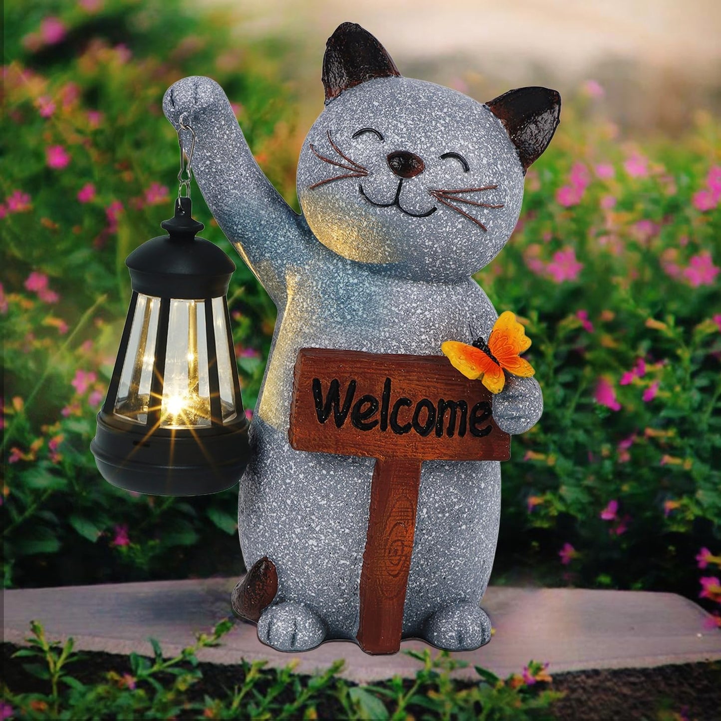 Juegoal Garden Statue Solar Cat Figurine with LED Lantern, Mothers Day 10" Resin Kitten Hold Welcome Sign, Outdoor Whimsical Lawn Porch, Lighted Housewarming Birthday for Mom Grandma
