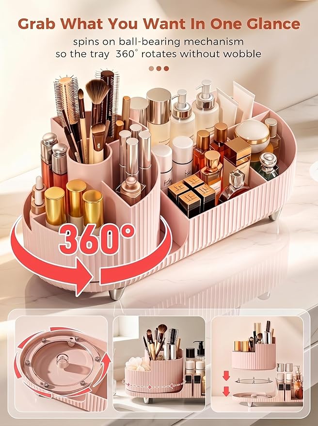 Booklov Rotating Makeup Caddy Organizer for Vanity, Large Capacity Cosmetic Display Case, Countertop Beauty Storage Holder for Skincare, Brush Eyeshadow Lipstick, Counter Desk Organization, Pink