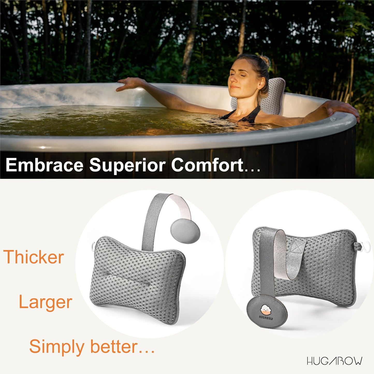 HUGABOW 2-Pack Large Pillow for Hot Tub (Grey), Spa, and Chaise Lounge - Universal Headrest & Neck Support Cushion, Adjustable Height with Long Strap, Easy Drying with Hook (2-Pack)