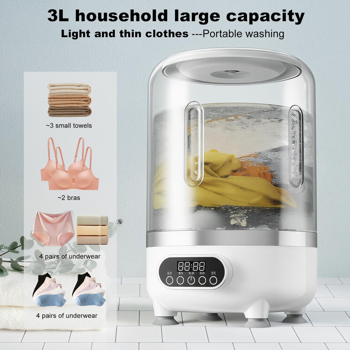 3L Portable Washing Machine,3 In 1 Portable Washer And Dryer Underwear Washing Machine,Mini Lavadora Portatil for Home, Apartment, Hotel, Camping & Travel(3L capacity)