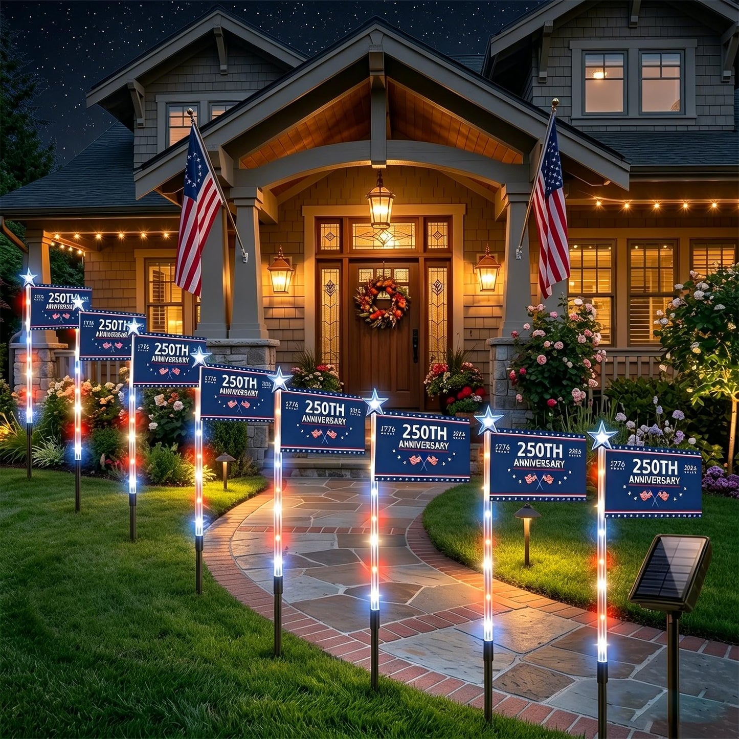 8 Pack Solar American Flag Pathway Lights - Patriotic Red White Blue Outdoor Stake Waterproof LED Lights with 8 Modes, Decorations 4th of July Memorial Day & Independence Day Yard Garden (Style C)