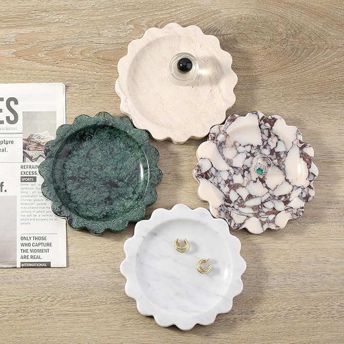 Koville 5.51" Scalloped Marble Tray, Round Stone Jewelry Trinket Dish for Ring, Natural Small Marble Tray for Bathroom Kitchen Dresser Countertop, Decorative Candle Tray(Green)