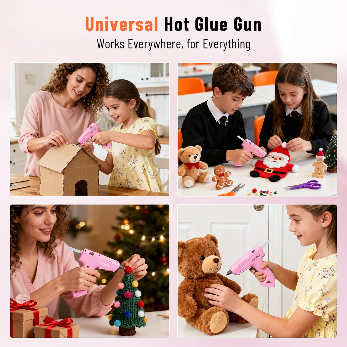 Katerk 3.7V Cordless Hot Glue Gun Kit, 90s Fast Heating, Mini Glue Gun with 15 Glue Sticks, USB-C Rechargeable with 2000mAh Built-in Battery, Ideal for DIY, Gift Making, School Crafts & Repairs (Pink)