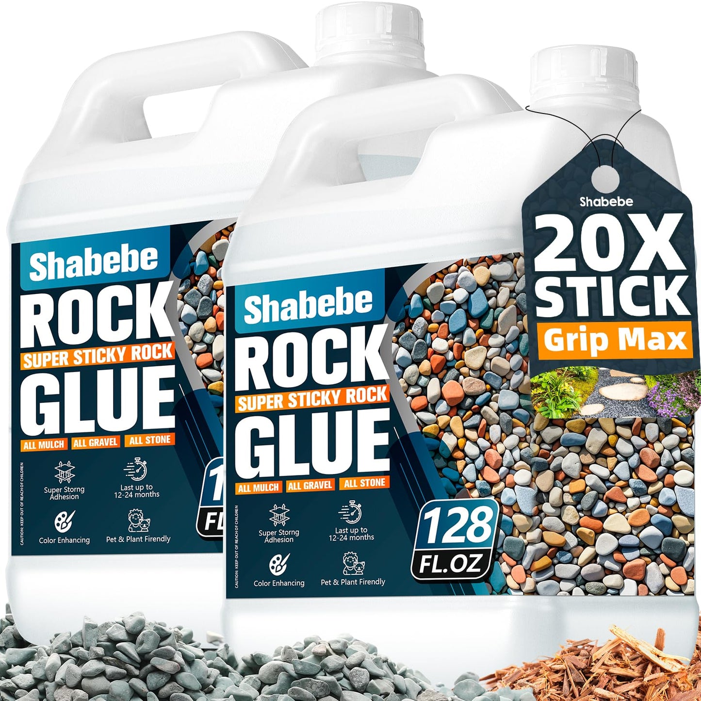 Shabebe Rock Glue for Landscaping â 2 Gallon Mulch Hold with Grip Max, Strong Adhesion& Max Coverage Gravel Binder for Rocks, Gravel & Pine Straw, Covers Up to 3X Area, Fast-Drying & Weather-Resistant