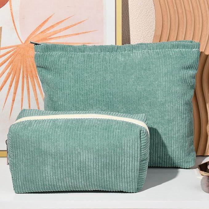 SOIDRAM 2 Pieces Makeup Bag Large Corduroy Cosmetic Bag Capacity Canvas Mix Travel Toiletry Bag Organizer Cute Makeup Brushes Aesthetic Accessories Storage Bag for Women, Corduroy Mix Green