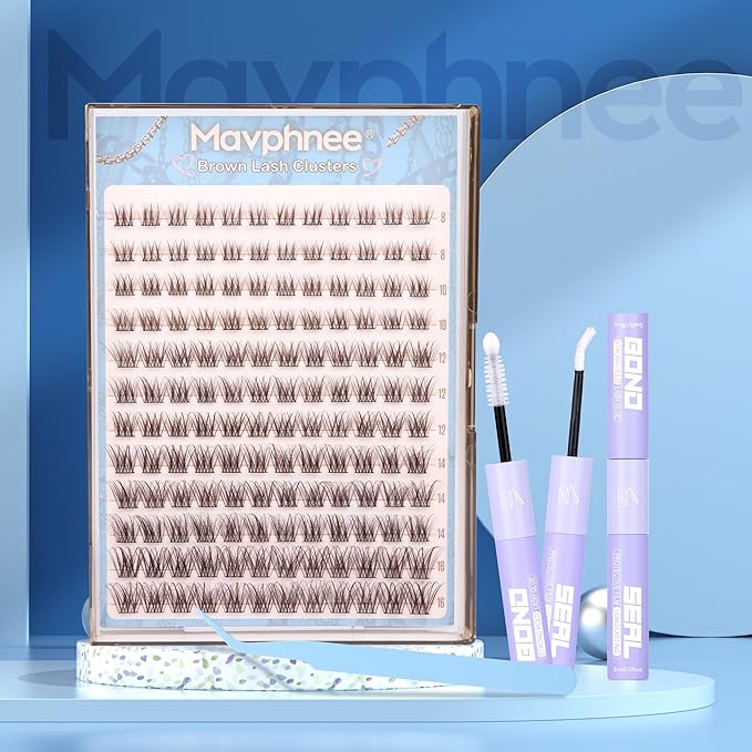 Mavphnee Brown Lash Clusters Kit Natural Eyelash Clusters Dark Brown Eyelash Extensions CC-Curly Pestañas Postizas Wispy Individual Lash Extensions Kit 8-16MM Brown Cluster Lashes 144PCS DIY Lash Kit