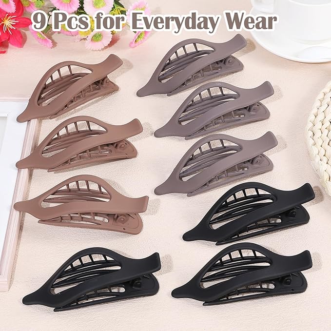 9 Pack Flat Hair Clips for Women, Matte Claw Clips for Thick & Thin Hair, Suitable for Driving (Taupe,Brown,Black)
