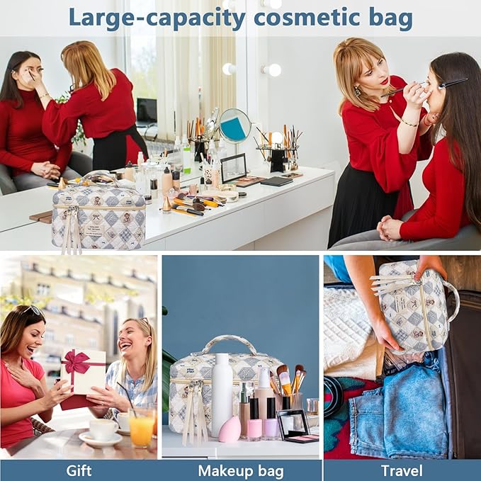Large Makeup Bag, Cute Cosmetic Bag for Women Girls, Floral Coquette Aesthetic Toiletry Bag, Travel Make Up Organizer Bag (Check Bear)