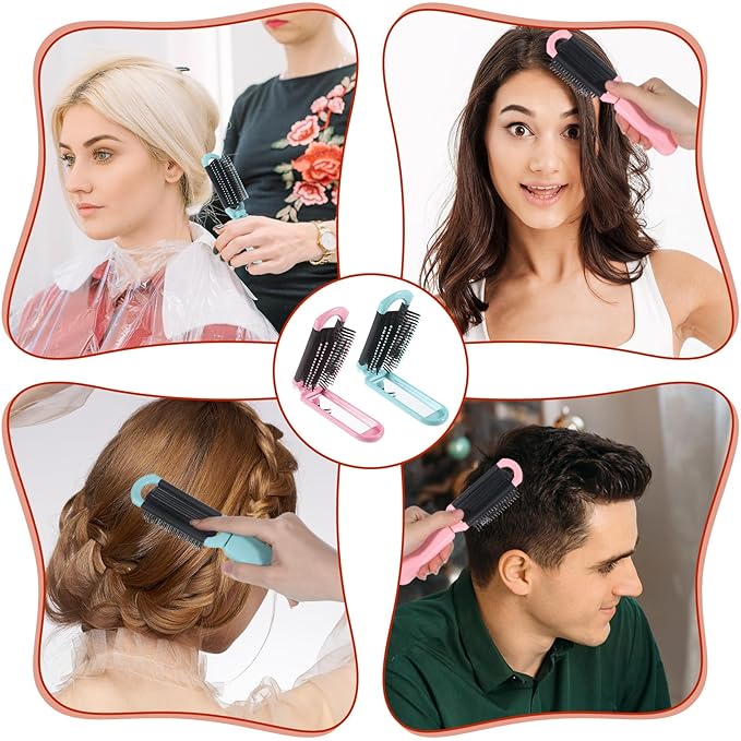 Foldable Hair Brush with Mirror, 2 Pcs Portable Travel Hairbrush Anti-static Mini Hair Brush Pocket Size Compact Massage Comb Hairstyling Tools for Women Girls Home Travel Gym Purse (Pink, Blue)
