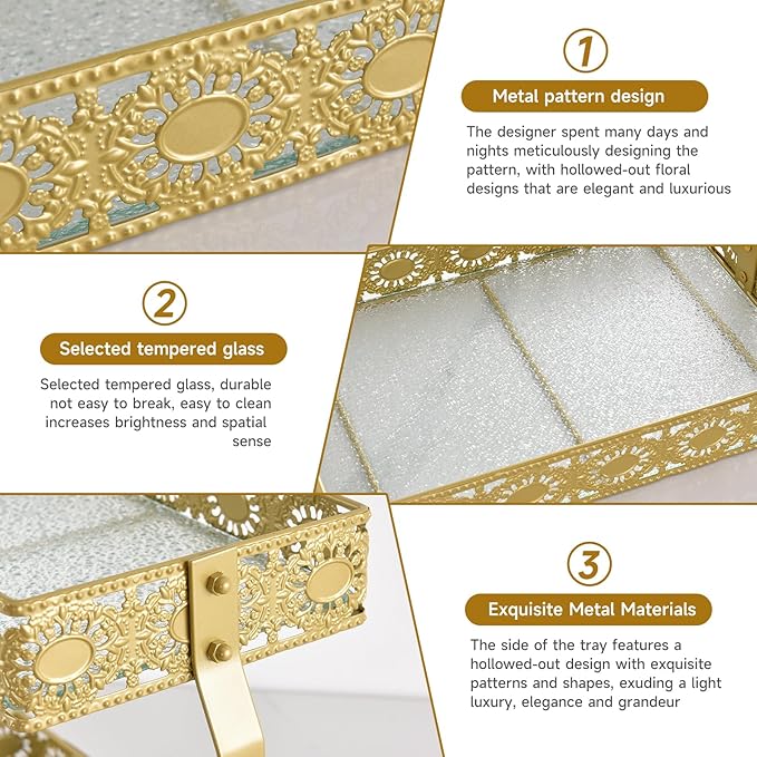 xiaojuande-Two Layer Glass Storage Tray with Portable Dressing Table Skin Care Product Organization Rack Corner Storage Rack for Bathroom Counter High-end Light Luxury Display Plate - Gold (Gold)