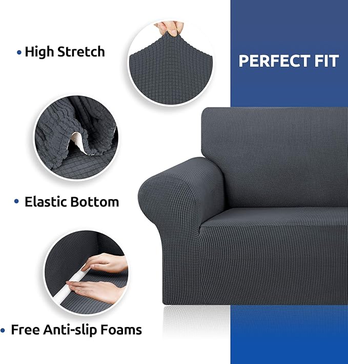 KEKUOU Stretch Sofa Cover Slipcover ,Couch Covers for 3 Cushion Couch Sofa pet Friendly (78"-94") Furniture Protector Sofa with Elastic Bottom for Kids,Dog, Jacquard Small Checked(Large,Charcoal)