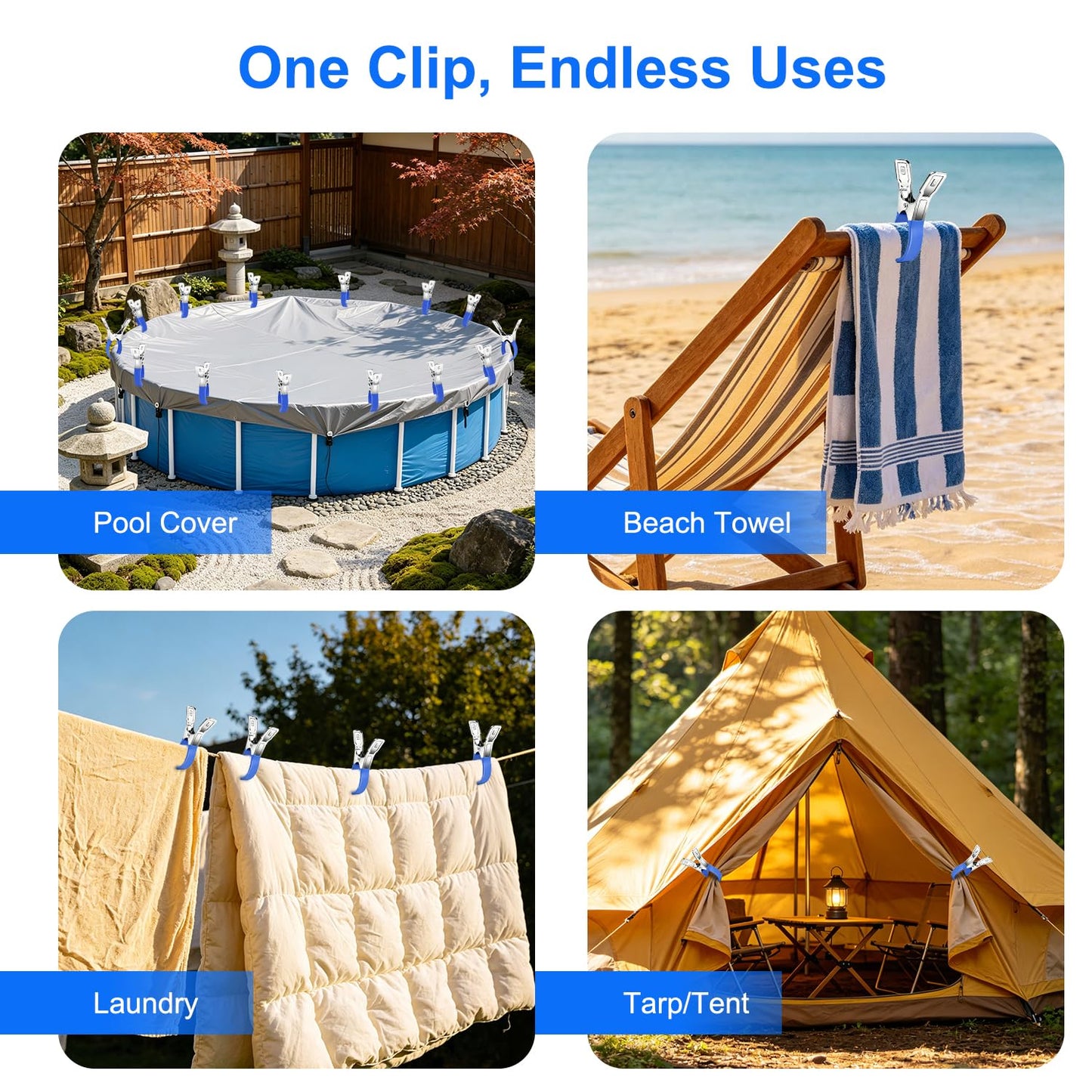 Pool Cover Clips Kit and Pool Cover Side Organizer Straps, Heavy Duty Stainless Steel Pool Cover Clamps with Soft PVC Sleeves, Adjustable Pool Cover Straps for Above Ground Pool, Wind Guard Clip Set