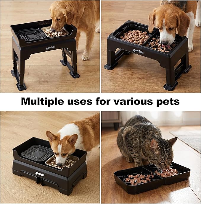3-in-1 Elevated Dog Bowls Dual Layer - Mess Proof 6 Heights Adjustable Raised Dog Bowl Stand 6"-16", with 2L No Spill Stainless Steel Water Bowls, Slow Feeder Plate for Medium, Large Pets