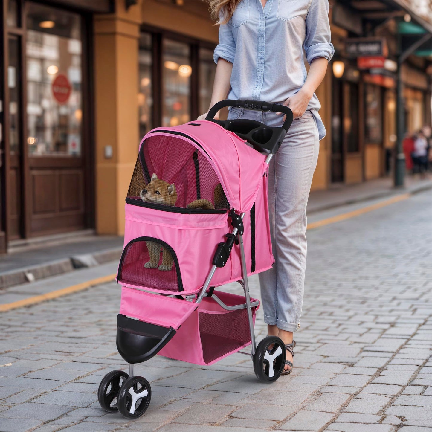 Epetlover 3 Wheels Dog Stroller Folding Pet Strolling Cart for Small Medium Cats Puppies Portable Jogger Travel Camping Puppy Carrier with Storage Basket Cup Holder, Pink